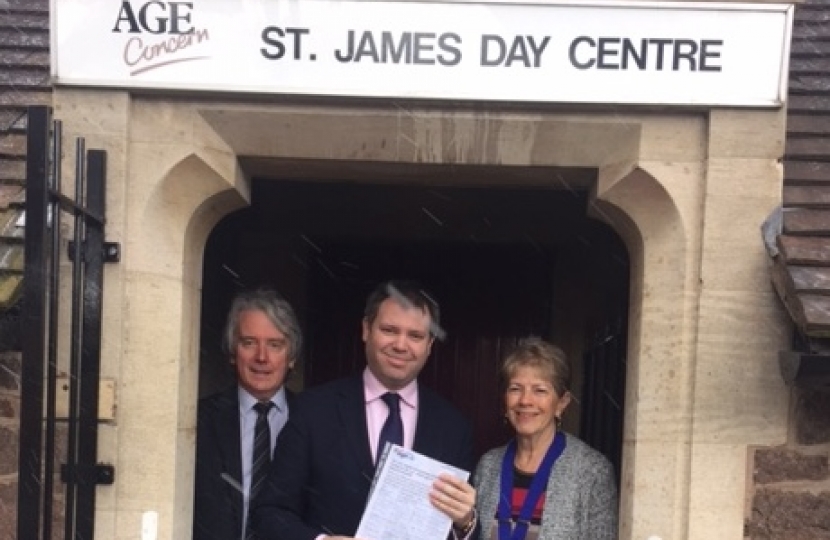 Edward with Age UK's Tony Donovan & Birstall Parish Council's Cllr Ann Marshall at the Birstall Centre