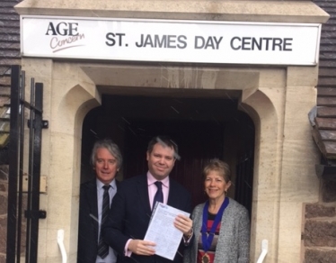 Edward with Age UK's Tony Donovan & Birstall Parish Council's Cllr Ann Marshall at the Birstall Centre